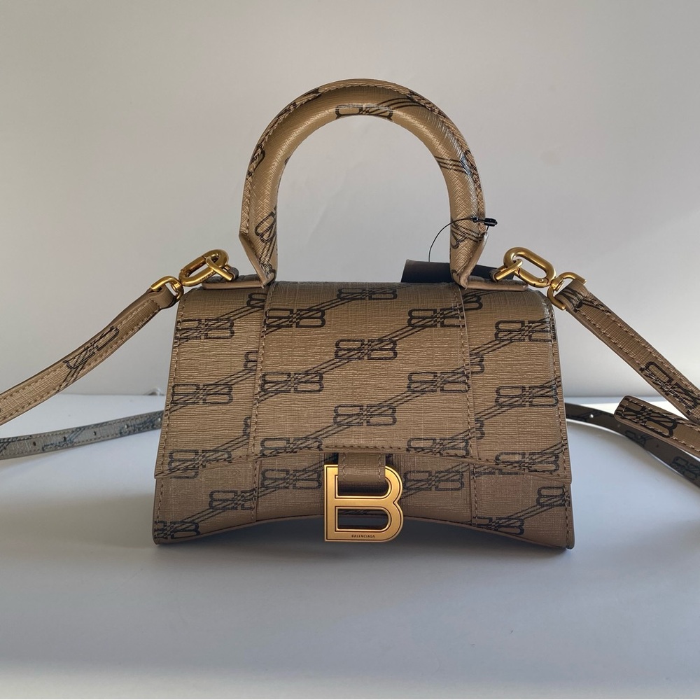 Balenciaga Coated Canvas BB Monogram Small Hourglass Top Handle Bag Beige Brown